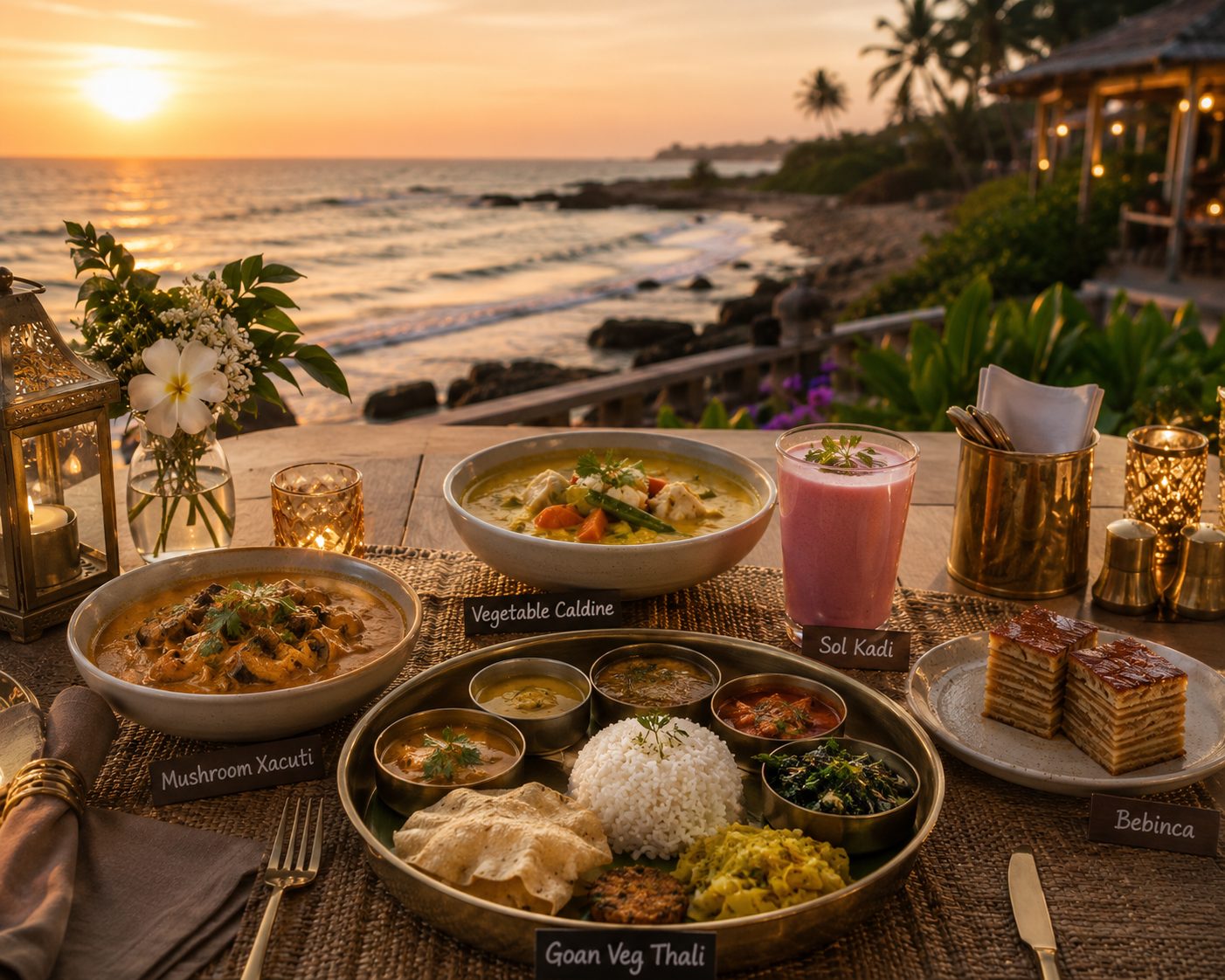 A luxurious seaside dining table at sunset featuring authentic Goan vegetarian dishes including Mushroom Xacuti, Vegetable Caldine, Goan Veg Thali, Sol Kadi, and Bebinca with a scenic North Goa beach in the background.