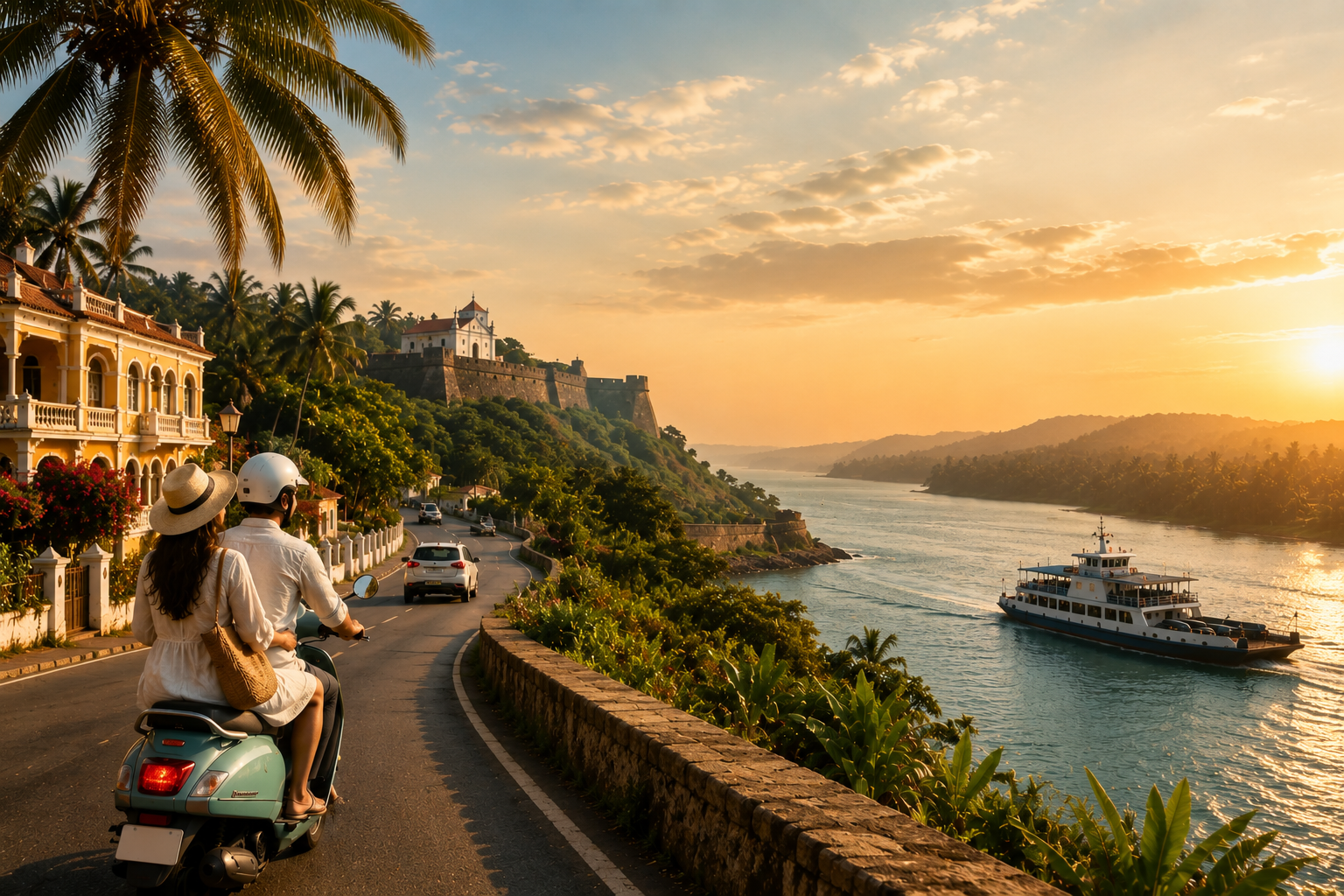 A scenic coastal road in Goa with scooters, a rental car, a ferry on the river, and palm-lined beaches showcasing the best travel options for exploring Goa.
