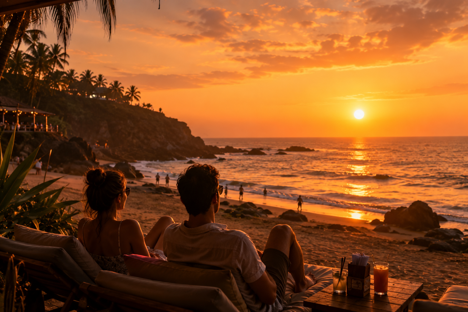 A couple relaxing on comfortable beach sunbeds at Vagator Beach in North Goa while watching a breathtaking sunset over the Arabian Sea, surrounded by dramatic cliffs, golden sand, and a peaceful tropical coastline.