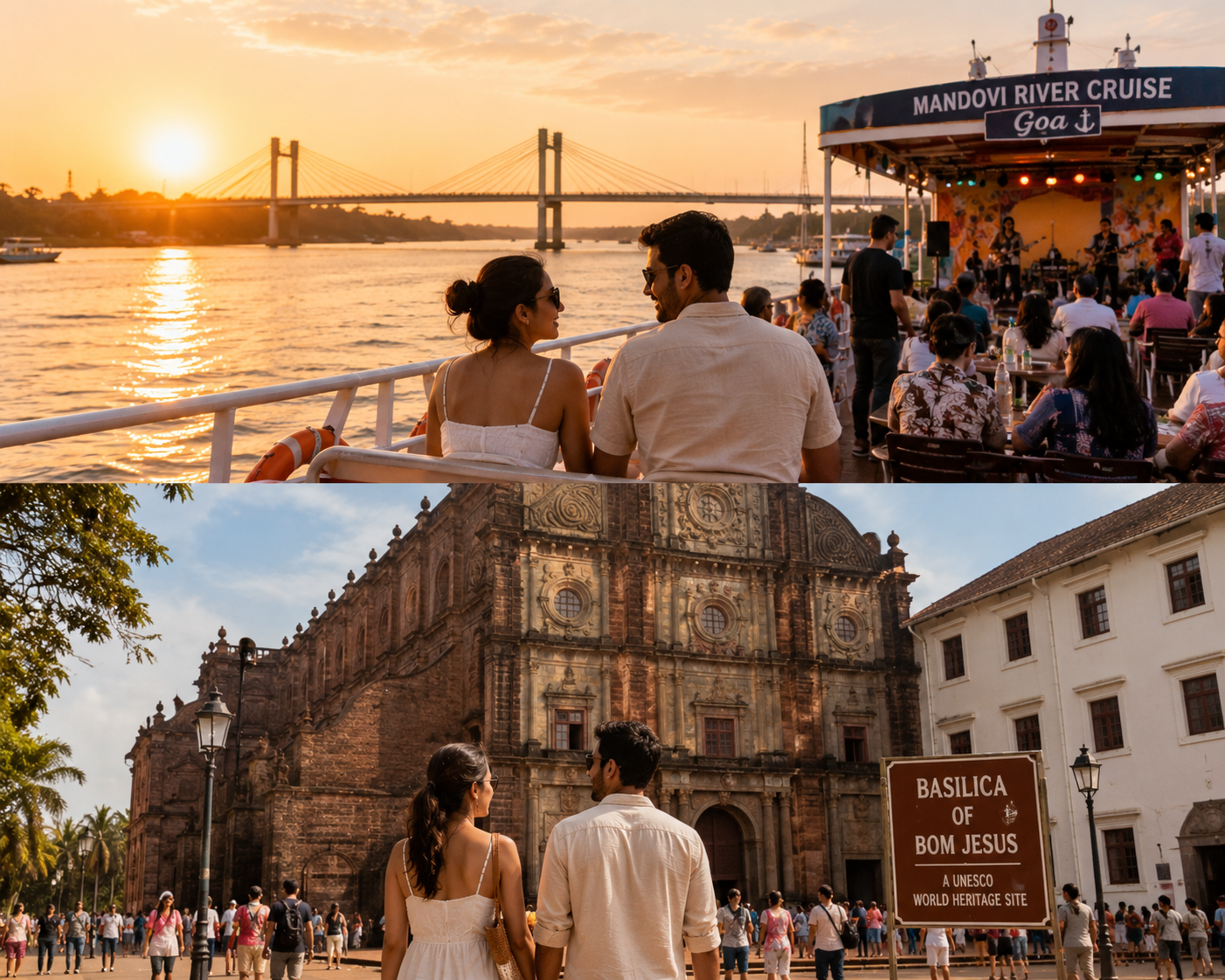 The Basilica of Bom Jesus and colourful Portuguese streets of Fontainhas in Panjim with a Mandovi River cruise at sunset, showcasing the cultural and historic attractions of Old Goa.