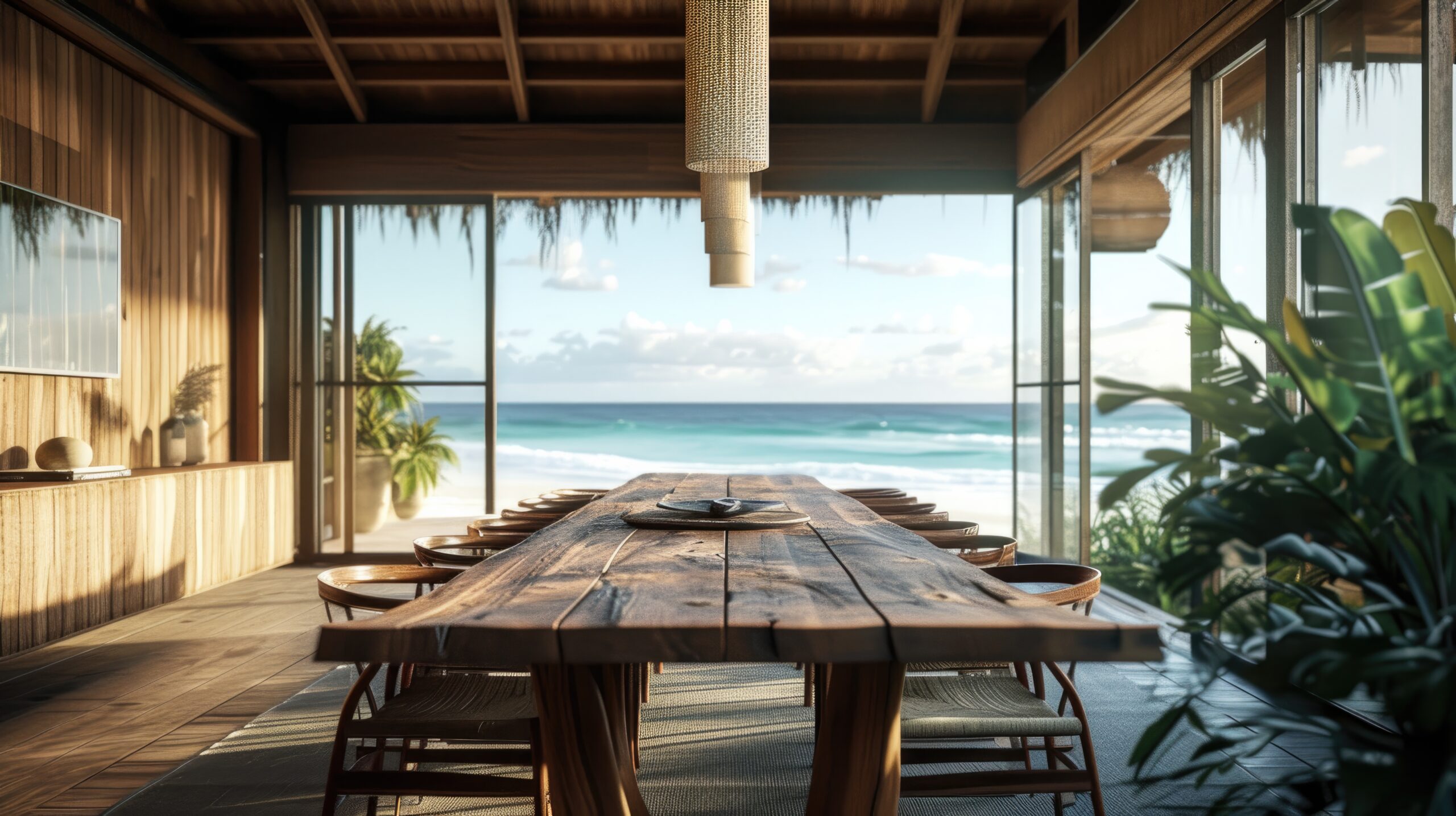 photorealistic timber house interior with wooden decor furnishings