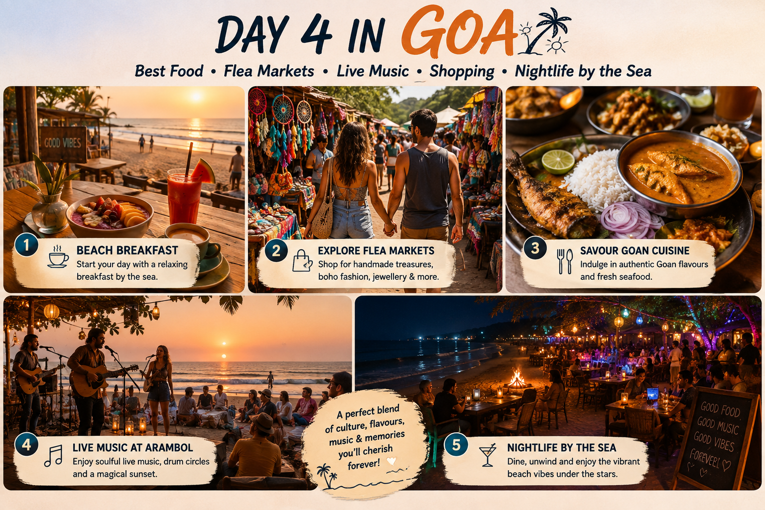 A travel collage showcasing Day 4 in North Goa with a beachside breakfast, colourful flea market shopping, authentic Goan cuisine, live music at Arambol Beach during sunset, and vibrant seaside nightlife under the stars.